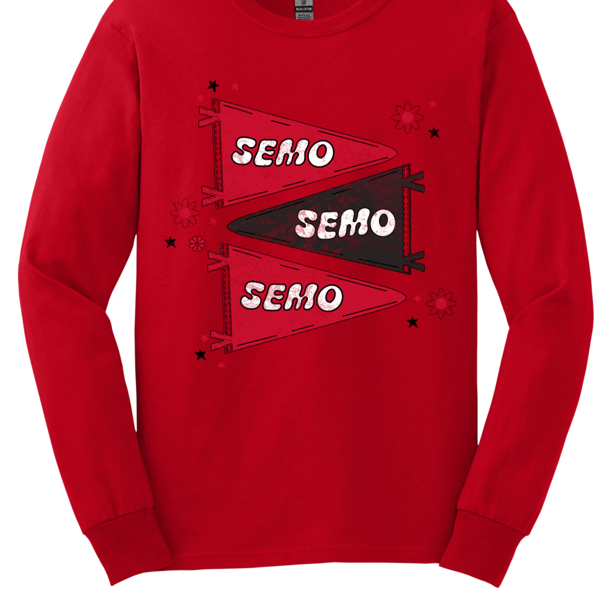 Show off your fully licensed Redhawk pride in youth sizes, with this retro-inspired SEMO design! Featuring three vintage-style pennants alternating in bold red and black, the layout gives a dynamic, old-school vibe. Each pennant is accented with groovy bubble lettering spelling “SEMO” in a playful wave, adding a fun twist to the classic look. Surrounding the pennants are a mix of retro red and black stars and flower motifs, bringing a nostalgic flair. 
Shop at Gorgeousware.com today!