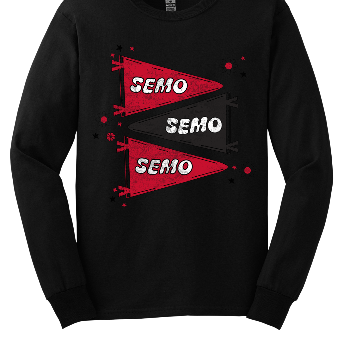 Show off your fully licensed Redhawk pride in youth sizes, with this retro-inspired SEMO design! Featuring three vintage-style pennants alternating in bold red and black, the layout gives a dynamic, old-school vibe. Each pennant is accented with groovy bubble lettering spelling “SEMO” in a playful wave, adding a fun twist to the classic look. Surrounding the pennants are a mix of retro red and black stars and flower motifs, bringing a nostalgic flair. 
Shop at Gorgeousware.com today!
