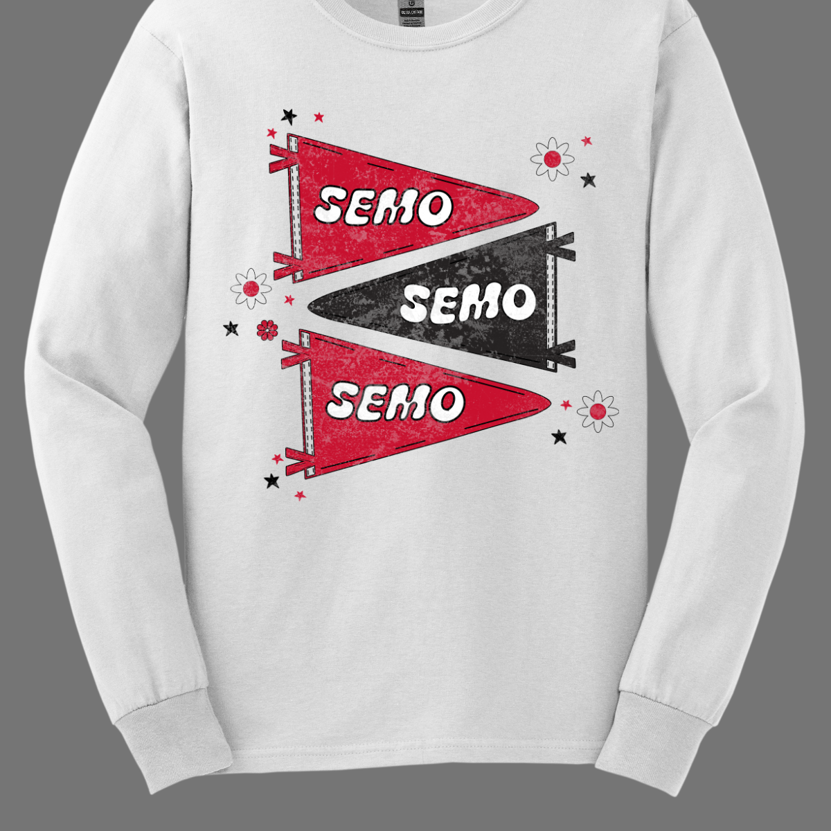 Show off your fully licensed Redhawk pride in youth sizes, with this retro-inspired SEMO design! Featuring three vintage-style pennants alternating in bold red and black, the layout gives a dynamic, old-school vibe. Each pennant is accented with groovy bubble lettering spelling “SEMO” in a playful wave, adding a fun twist to the classic look. Surrounding the pennants are a mix of retro red and black stars and flower motifs, bringing a nostalgic flair. 
Shop at Gorgeousware.com today!