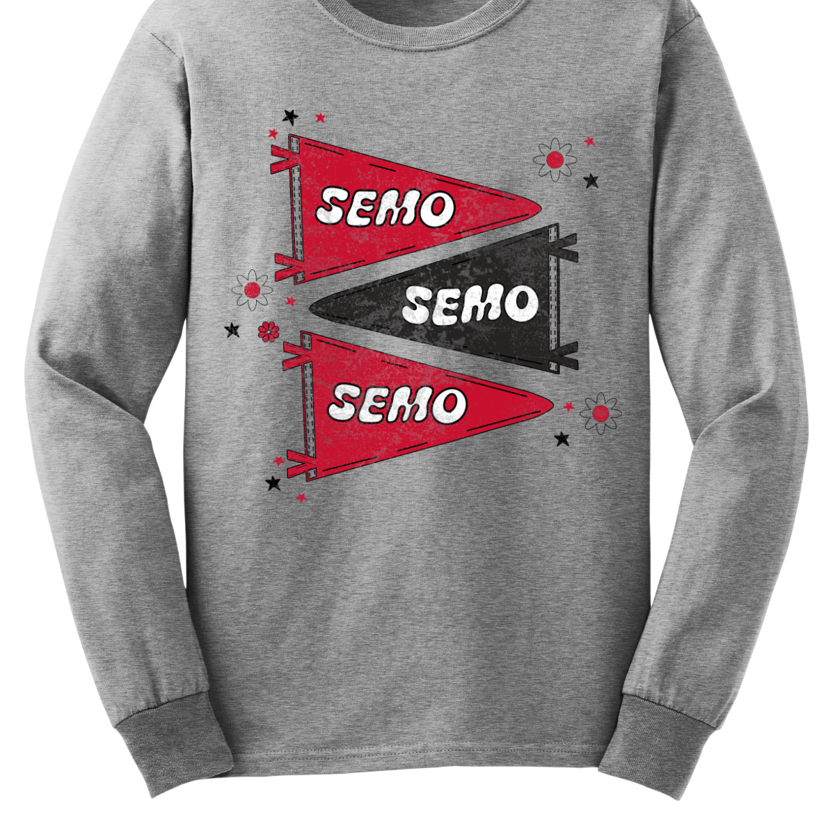 Show off your fully licensed Redhawk pride in youth sizes, with this retro-inspired SEMO design! Featuring three vintage-style pennants alternating in bold red and black, the layout gives a dynamic, old-school vibe. Each pennant is accented with groovy bubble lettering spelling “SEMO” in a playful wave, adding a fun twist to the classic look. Surrounding the pennants are a mix of retro red and black stars and flower motifs, bringing a nostalgic flair. 
Shop at Gorgeousware.com today!