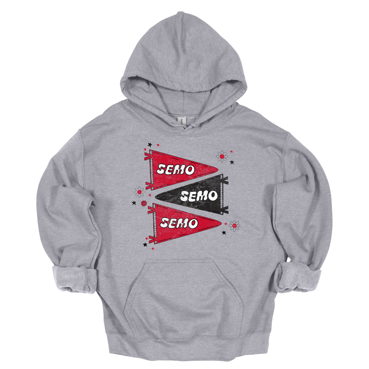 Show off your fully licensed Redhawk pride in youth sizes, with this retro-inspired SEMO design! Featuring three vintage-style pennants alternating in bold red and black, the layout gives a dynamic, old-school vibe. Each pennant is accented with groovy bubble lettering spelling “SEMO” in a playful wave, adding a fun twist to the classic look. Surrounding the pennants are a mix of retro red and black stars and flower motifs, bringing a nostalgic flair. 
Shop at Gorgeousware.com today!