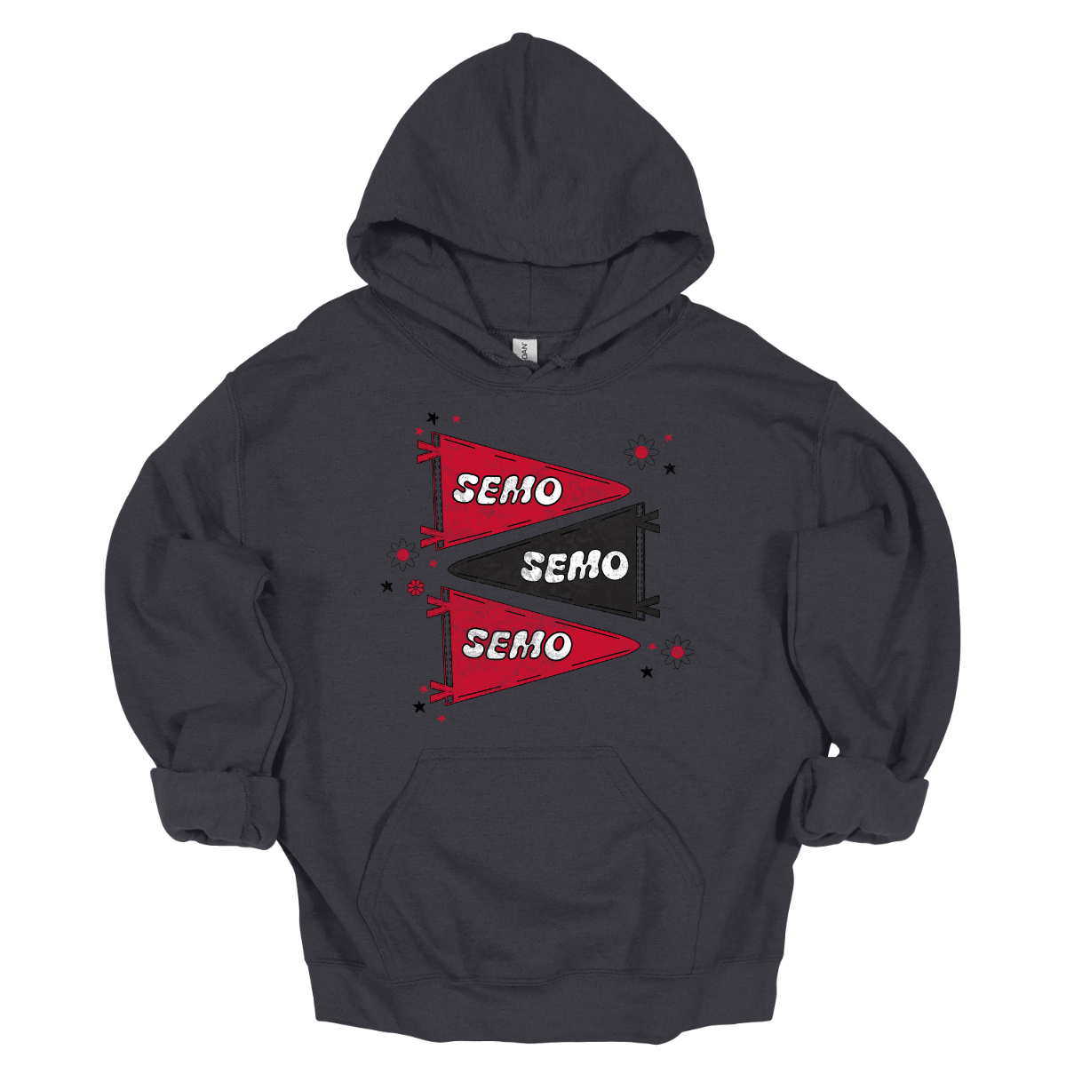 Show off your fully licensed Redhawk pride in youth sizes, with this retro-inspired SEMO design! Featuring three vintage-style pennants alternating in bold red and black, the layout gives a dynamic, old-school vibe. Each pennant is accented with groovy bubble lettering spelling “SEMO” in a playful wave, adding a fun twist to the classic look. Surrounding the pennants are a mix of retro red and black stars and flower motifs, bringing a nostalgic flair. 
Shop at Gorgeousware.com today!