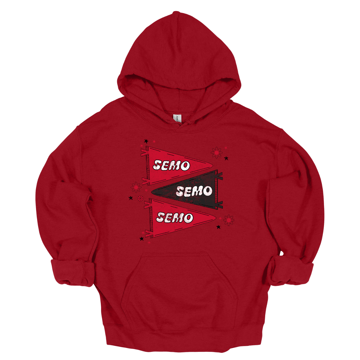 Show off your fully licensed Redhawk pride in youth sizes, with this retro-inspired SEMO design! Featuring three vintage-style pennants alternating in bold red and black, the layout gives a dynamic, old-school vibe. Each pennant is accented with groovy bubble lettering spelling “SEMO” in a playful wave, adding a fun twist to the classic look. Surrounding the pennants are a mix of retro red and black stars and flower motifs, bringing a nostalgic flair. 
Shop at Gorgeousware.com today!