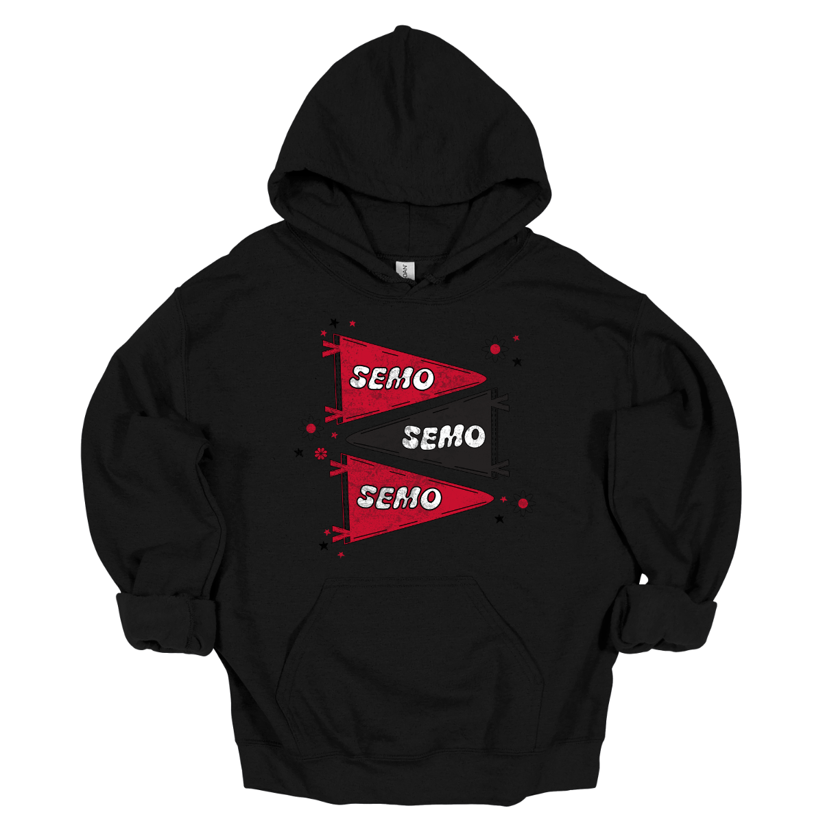 Show off your fully licensed Redhawk pride in youth sizes, with this retro-inspired SEMO design! Featuring three vintage-style pennants alternating in bold red and black, the layout gives a dynamic, old-school vibe. Each pennant is accented with groovy bubble lettering spelling “SEMO” in a playful wave, adding a fun twist to the classic look. Surrounding the pennants are a mix of retro red and black stars and flower motifs, bringing a nostalgic flair. 
Shop at Gorgeousware.com today!