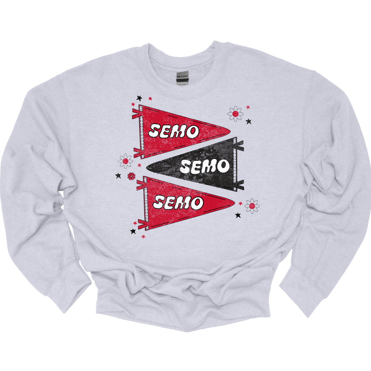 Show off your fully licensed Redhawk pride in youth sizes, with this retro-inspired SEMO design! Featuring three vintage-style pennants alternating in bold red and black, the layout gives a dynamic, old-school vibe. Each pennant is accented with groovy bubble lettering spelling “SEMO” in a playful wave, adding a fun twist to the classic look. Surrounding the pennants are a mix of retro red and black stars and flower motifs, bringing a nostalgic flair. 
Shop at Gorgeousware.com today!