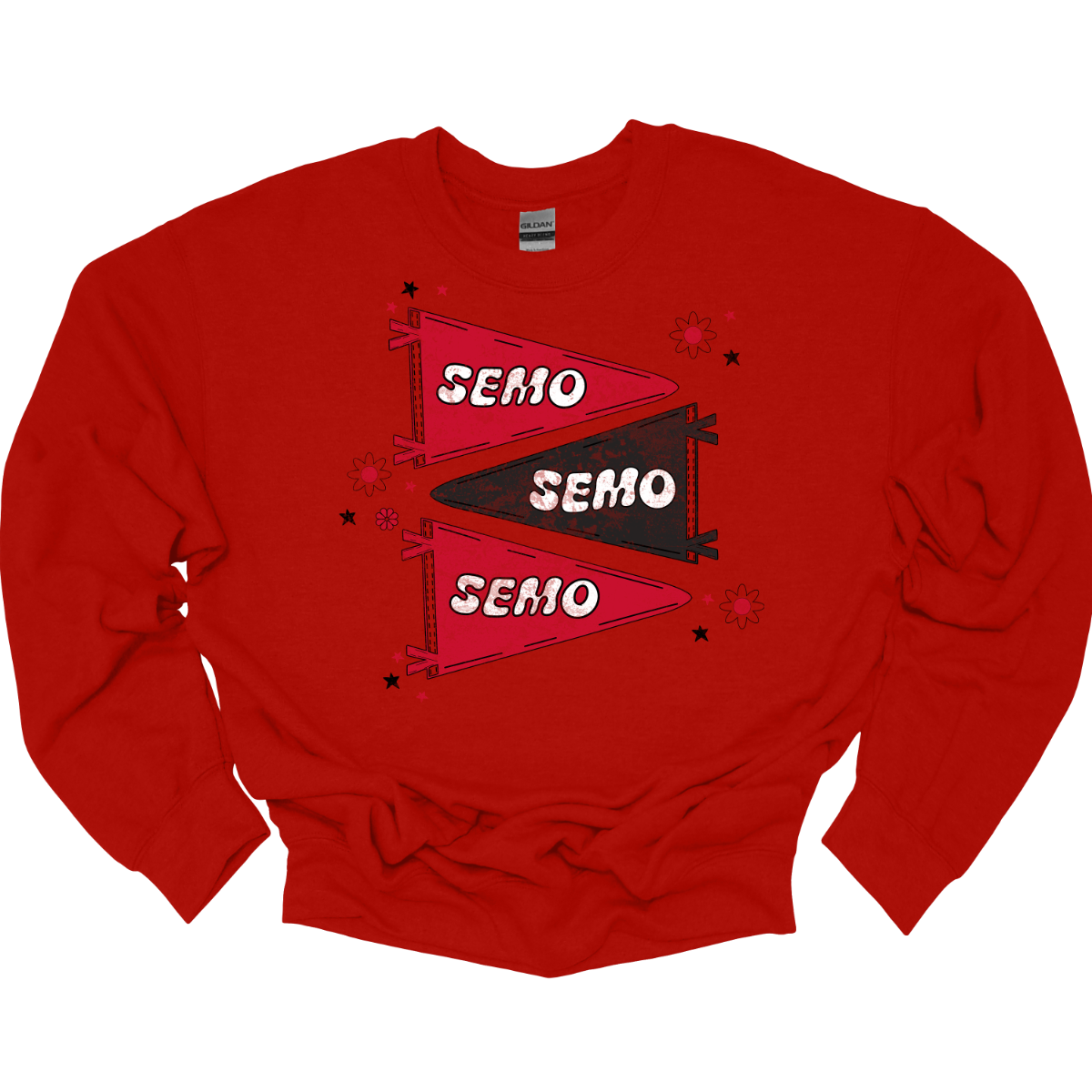 Show off your fully licensed Redhawk pride in youth sizes, with this retro-inspired SEMO design! Featuring three vintage-style pennants alternating in bold red and black, the layout gives a dynamic, old-school vibe. Each pennant is accented with groovy bubble lettering spelling “SEMO” in a playful wave, adding a fun twist to the classic look. Surrounding the pennants are a mix of retro red and black stars and flower motifs, bringing a nostalgic flair. 
Shop at Gorgeousware.com today!