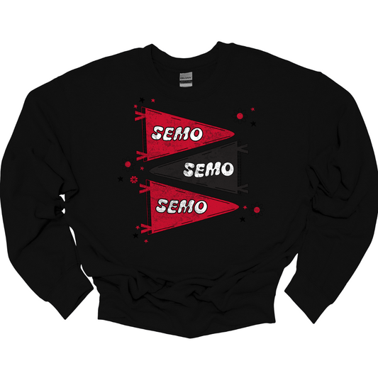 Show off your licensed Redhawk pride with this retro-inspired SEMO design! Featuring three vintage-style pennants alternating in bold red and black, the layout gives a dynamic, old-school vibe. Each pennant is accented with groovy bubble lettering spelling “SEMO” in a playful wave, adding  a fun twist to the classic look. Surrounding the pennants are a mix of retro red and black stars and flower motifs, bringing a nostalgic flair that feels both timeless and fresh. Shop at Gorgeousware.com!