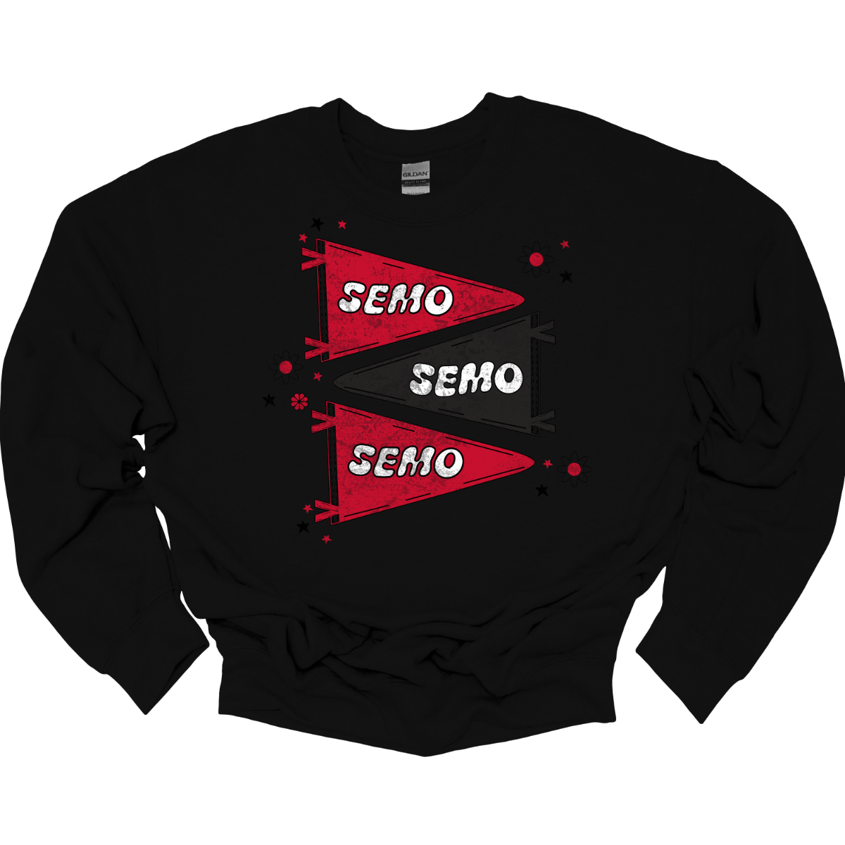 Show off your fully licensed Redhawk pride in youth sizes, with this retro-inspired SEMO design! Featuring three vintage-style pennants alternating in bold red and black, the layout gives a dynamic, old-school vibe. Each pennant is accented with groovy bubble lettering spelling “SEMO” in a playful wave, adding a fun twist to the classic look. Surrounding the pennants are a mix of retro red and black stars and flower motifs, bringing a nostalgic flair. 
Shop at Gorgeousware.com today!