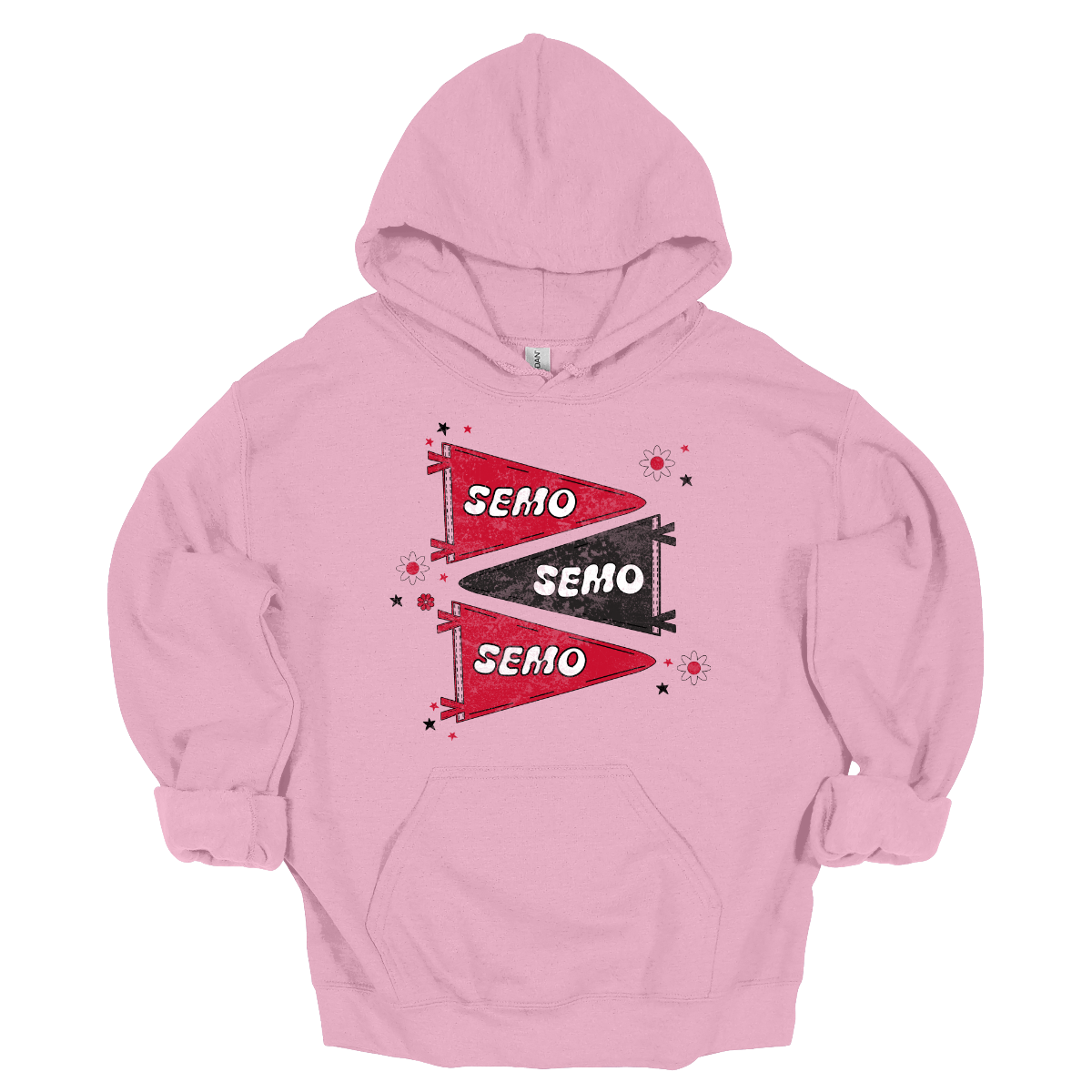 Show off your fully licensed Redhawk pride in youth sizes, with this retro-inspired SEMO design! Featuring three vintage-style pennants alternating in bold red and black, the layout gives a dynamic, old-school vibe. Each pennant is accented with groovy bubble lettering spelling “SEMO” in a playful wave, adding a fun twist to the classic look. Surrounding the pennants are a mix of retro red and black stars and flower motifs, bringing a nostalgic flair. 
Shop at Gorgeousware.com today!