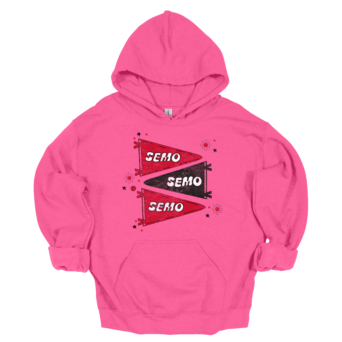 Show off your fully licensed Redhawk pride in youth sizes, with this retro-inspired SEMO design! Featuring three vintage-style pennants alternating in bold red and black, the layout gives a dynamic, old-school vibe. Each pennant is accented with groovy bubble lettering spelling “SEMO” in a playful wave, adding a fun twist to the classic look. Surrounding the pennants are a mix of retro red and black stars and flower motifs, bringing a nostalgic flair. 
Shop at Gorgeousware.com today!