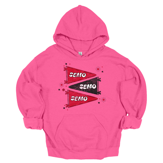 Show off your fully licensed Redhawk pride in youth sizes, with this retro-inspired SEMO design! Featuring three vintage-style pennants alternating in bold red and black, the layout gives a dynamic, old-school vibe. Each pennant is accented with groovy bubble lettering spelling “SEMO” in a playful wave, adding a fun twist to the classic look. Surrounding the pennants are a mix of retro red and black stars and flower motifs, bringing a nostalgic flair. 
Shop at Gorgeousware.com today!