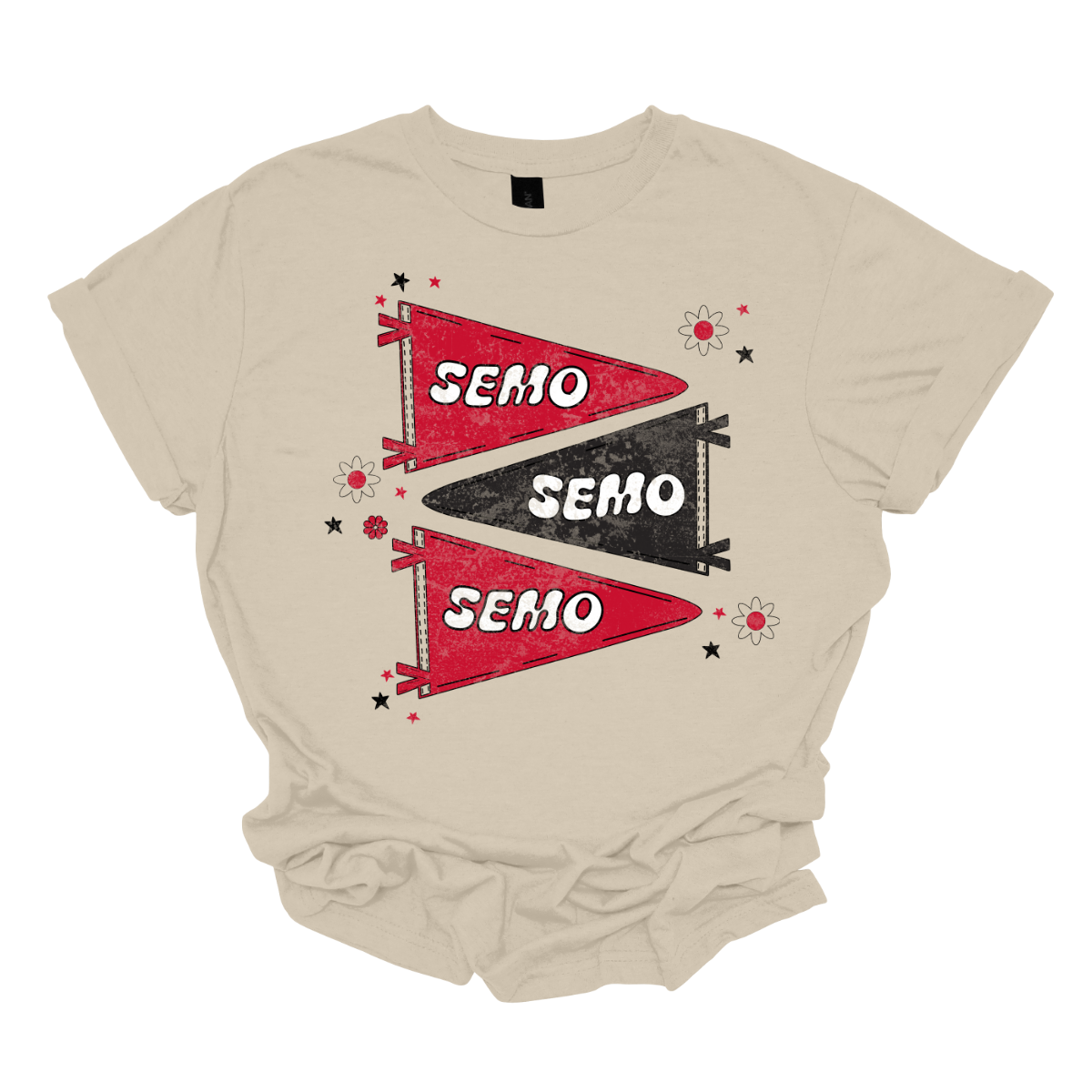 Show off your fully licensed Redhawk pride in youth sizes, with this retro-inspired SEMO design! Featuring three vintage-style pennants alternating in bold red and black, the layout gives a dynamic, old-school vibe. Each pennant is accented with groovy bubble lettering spelling “SEMO” in a playful wave, adding a fun twist to the classic look. Surrounding the pennants are a mix of retro red and black stars and flower motifs, bringing a nostalgic flair. 
Shop at Gorgeousware.com today!