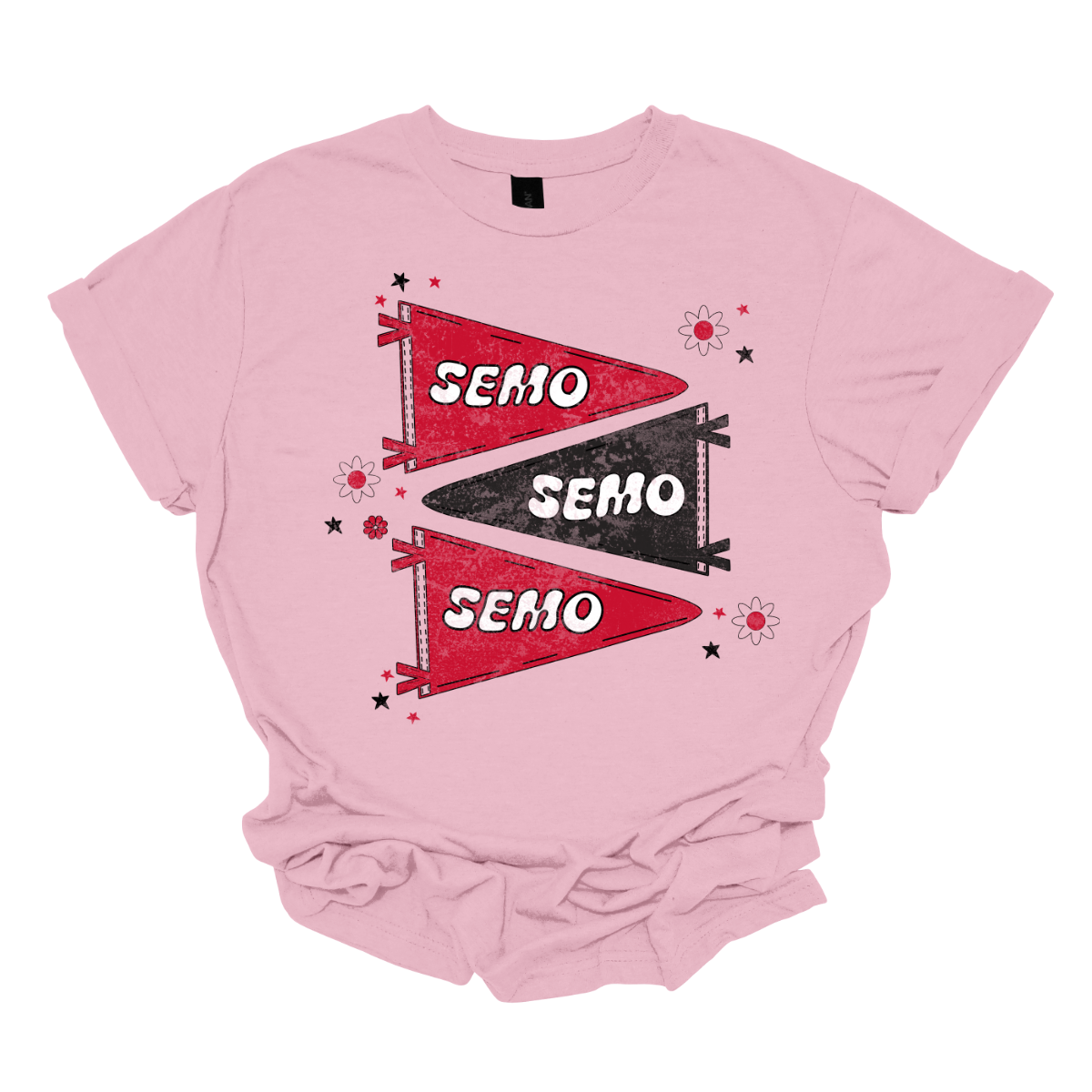 Show off your fully licensed Redhawk pride in youth sizes, with this retro-inspired SEMO design! Featuring three vintage-style pennants alternating in bold red and black, the layout gives a dynamic, old-school vibe. Each pennant is accented with groovy bubble lettering spelling “SEMO” in a playful wave, adding a fun twist to the classic look. Surrounding the pennants are a mix of retro red and black stars and flower motifs, bringing a nostalgic flair. 
Shop at Gorgeousware.com today!
