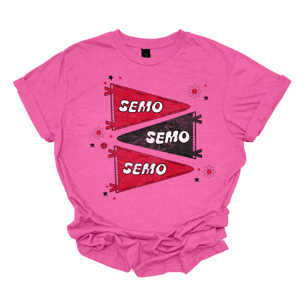 Show off your fully licensed Redhawk pride in youth sizes, with this retro-inspired SEMO design! Featuring three vintage-style pennants alternating in bold red and black, the layout gives a dynamic, old-school vibe. Each pennant is accented with groovy bubble lettering spelling “SEMO” in a playful wave, adding a fun twist to the classic look. Surrounding the pennants are a mix of retro red and black stars and flower motifs, bringing a nostalgic flair. 
Shop at Gorgeousware.com today!