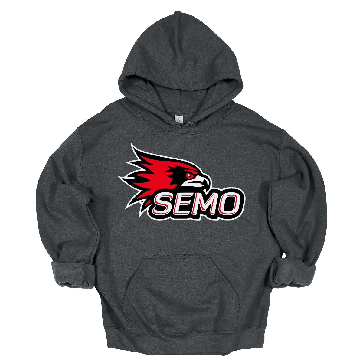 The apparel design for SEMO (Southeast Missouri State University) features the bold and iconic SEMO Redhawk logo prominently displayed across the chest or front. The Redhawk logo typically showcases a fierce red hawk in mid-flight or in a dynamic, stylized form, using shades of red, black, and white. Below this powerful symbol, the word "SEMO" is written in the university's signature font, often in all capital letters. Shop at Gorgeousware.com