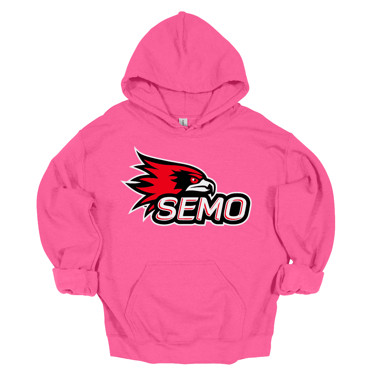 The apparel design for SEMO (Southeast Missouri State University) features the bold and iconic SEMO Redhawk logo prominently displayed across the chest or front. The Redhawk logo typically showcases a fierce red hawk in mid-flight or in a dynamic, stylized form, using shades of red, black, and white. Below this powerful symbol, the word "SEMO" is written in the university's signature font, often in all capital letters. Shop at Gorgeousware.com