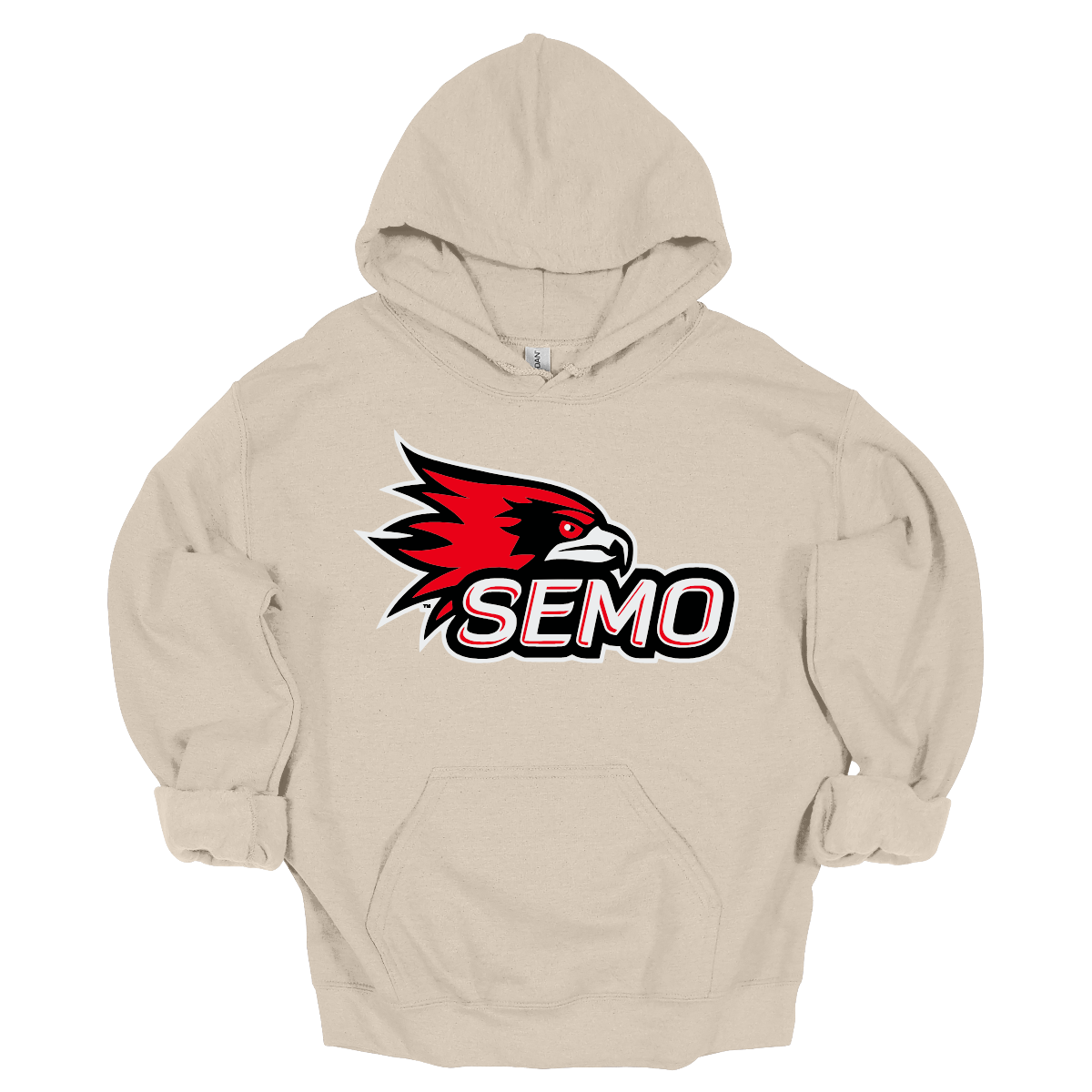 The apparel design for SEMO (Southeast Missouri State University) features the bold and iconic SEMO Redhawk logo prominently displayed across the chest or front. The Redhawk logo typically showcases a fierce red hawk in mid-flight or in a dynamic, stylized form, using shades of red, black, and white. Below this powerful symbol, the word "SEMO" is written in the university's signature font, often in all capital letters. Shop at Gorgeousware.com