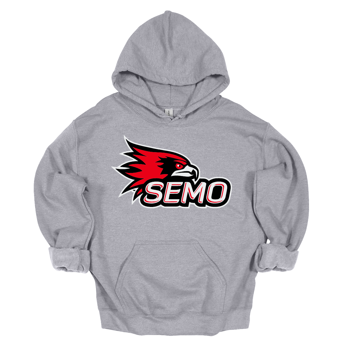 The apparel design for SEMO (Southeast Missouri State University) features the bold and iconic SEMO Redhawk logo prominently displayed across the chest or front. The Redhawk logo typically showcases a fierce red hawk in mid-flight or in a dynamic, stylized form, using shades of red, black, and white. Below this powerful symbol, the word "SEMO" is written in the university's signature font, often in all capital letters. Shop at Gorgeousware.com