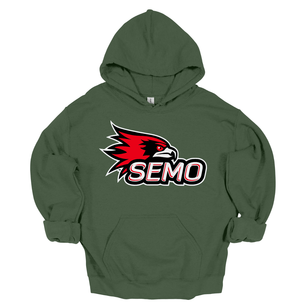 The apparel design for SEMO (Southeast Missouri State University) features the bold and iconic SEMO Redhawk logo prominently displayed across the chest or front. The Redhawk logo typically showcases a fierce red hawk in mid-flight or in a dynamic, stylized form, using shades of red, black, and white. Below this powerful symbol, the word "SEMO" is written in the university's signature font, often in all capital letters. Shop at Gorgeousware.com