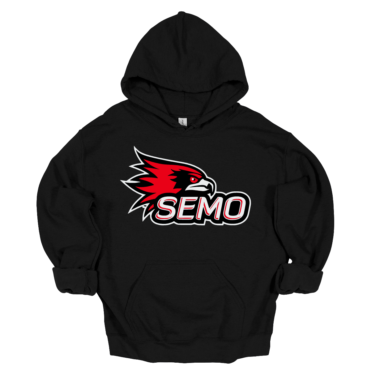 The apparel design for SEMO (Southeast Missouri State University) features the bold and iconic SEMO Redhawk logo prominently displayed across the chest or front. The Redhawk logo typically showcases a fierce red hawk in mid-flight or in a dynamic, stylized form, using shades of red, black, and white. Below this powerful symbol, the word "SEMO" is written in the university's signature font, often in all capital letters. Shop at Gorgeousware.com