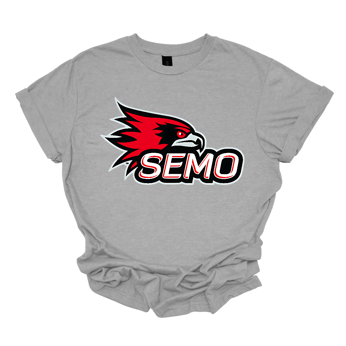 The apparel design for SEMO (Southeast Missouri State University) features the bold and iconic SEMO Redhawk logo prominently displayed across the chest or front. The Redhawk logo typically showcases a fierce red hawk in mid-flight or in a dynamic, stylized form, using shades of red, black, and white. Below this powerful symbol, the word "SEMO" is written in the university's signature font, often in all capital letters. Shop at Gorgeousware.com