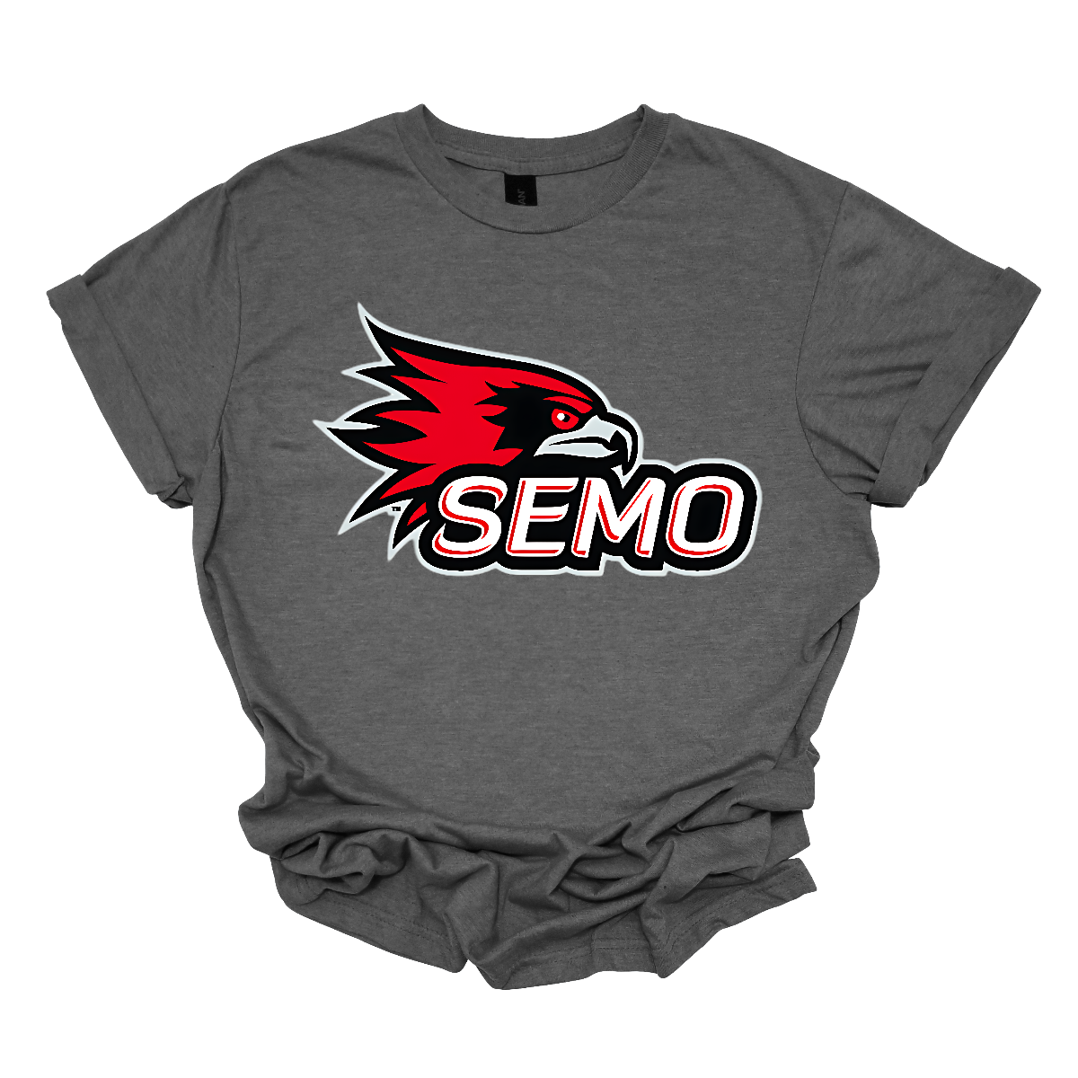 The apparel design for SEMO (Southeast Missouri State University) features the bold and iconic SEMO Redhawk logo prominently displayed across the chest or front. The Redhawk logo typically showcases a fierce red hawk in mid-flight or in a dynamic, stylized form, using shades of red, black, and white. Below this powerful symbol, the word "SEMO" is written in the university's signature font, often in all capital letters. Shop at Gorgeousware.com