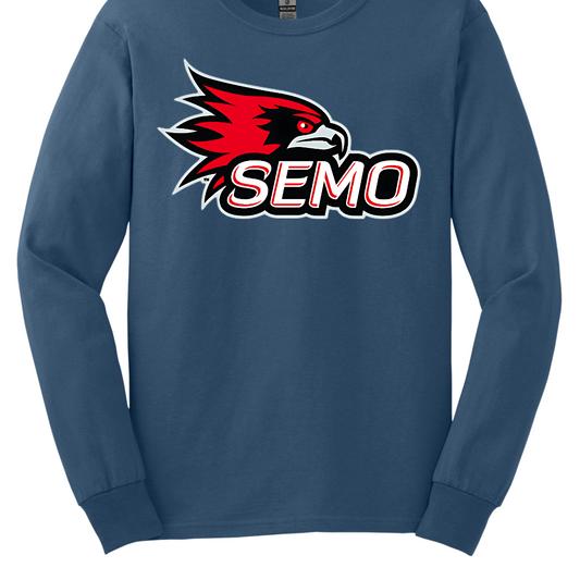 The apparel design for SEMO (Southeast Missouri State University) features the bold and iconic SEMO Redhawk logo prominently displayed across the chest or front. The Redhawk logo typically showcases a fierce red hawk in mid-flight or in a dynamic, stylized form, using shades of red, black, and white. Below this powerful symbol, the word "SEMO" is written in the university's signature font, often in all capital letters. Shop at Gorgeousware.com