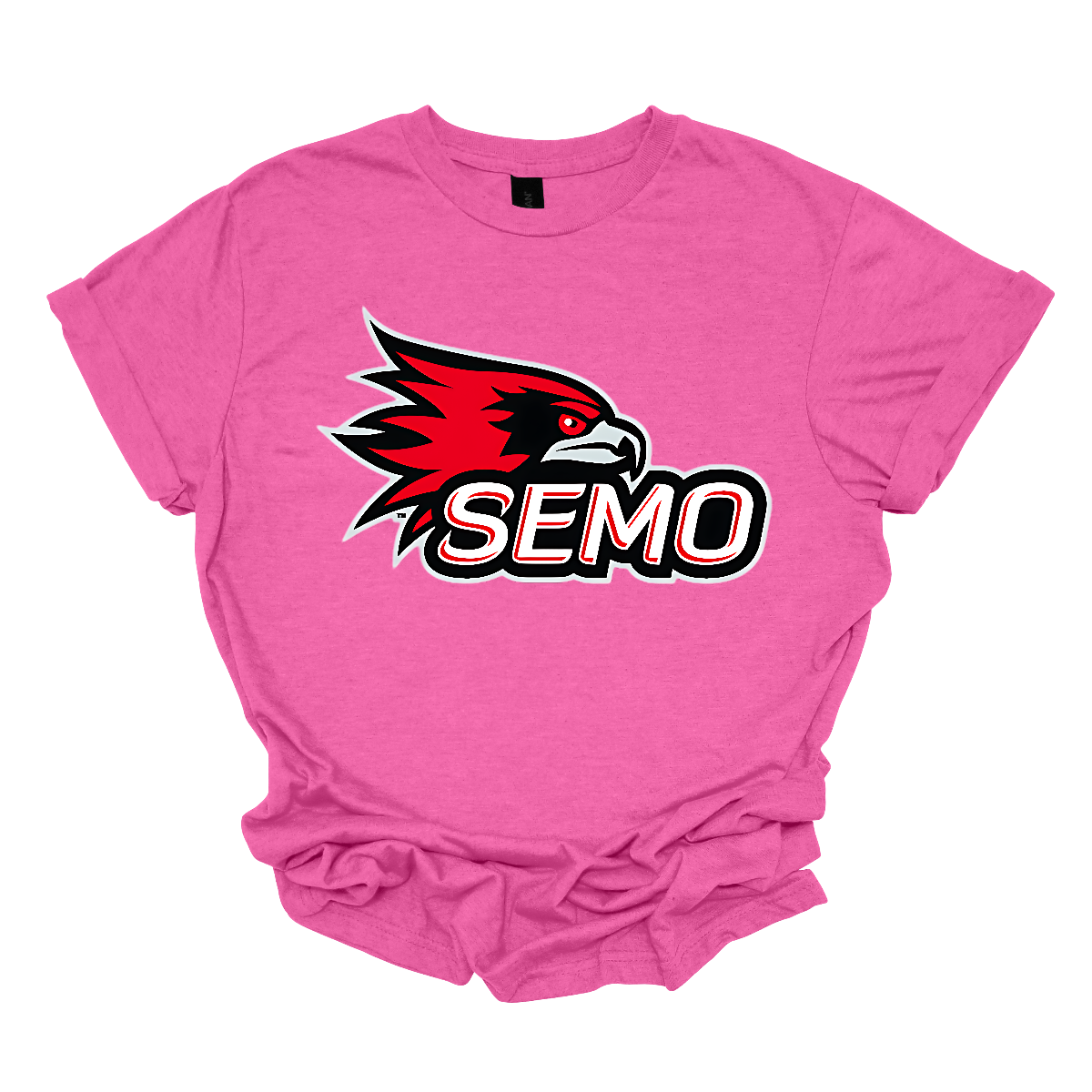 The apparel design for SEMO (Southeast Missouri State University) features the bold and iconic SEMO Redhawk logo prominently displayed across the chest or front. The Redhawk logo typically showcases a fierce red hawk in mid-flight or in a dynamic, stylized form, using shades of red, black, and white. Below this powerful symbol, the word "SEMO" is written in the university's signature font, often in all capital letters. Shop at Gorgeousware.com