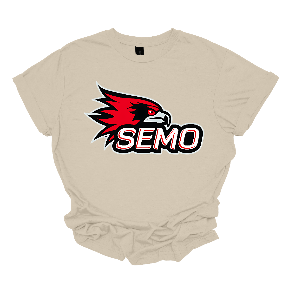 The apparel design for SEMO (Southeast Missouri State University) features the bold and iconic SEMO Redhawk logo prominently displayed across the chest or front. The Redhawk logo typically showcases a fierce red hawk in mid-flight or in a dynamic, stylized form, using shades of red, black, and white. Below this powerful symbol, the word "SEMO" is written in the university's signature font, often in all capital letters. Shop at Gorgeousware.com