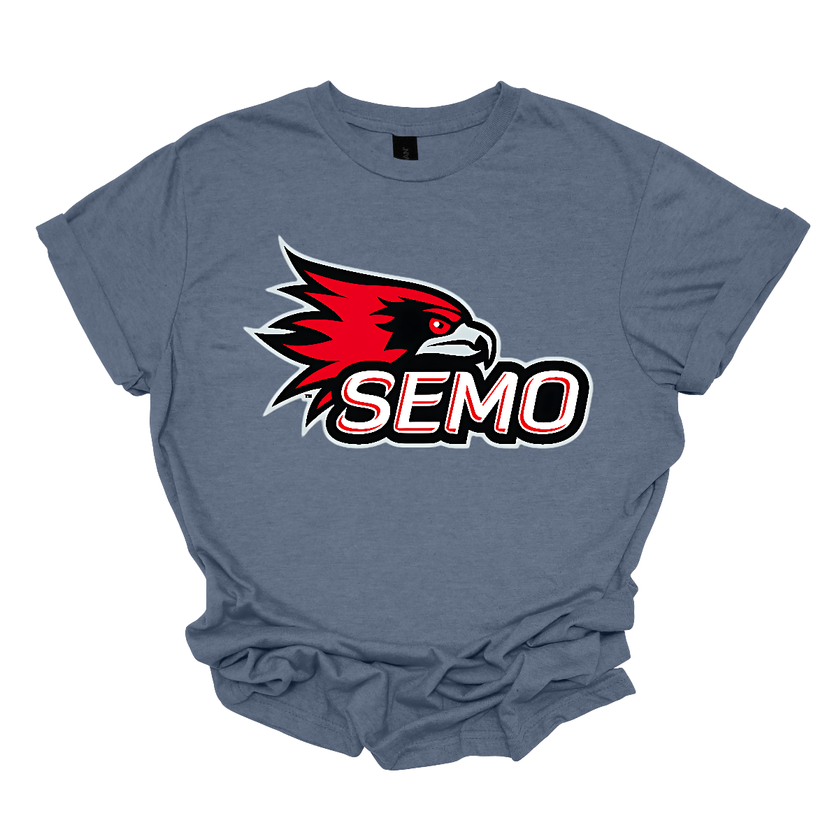 The apparel design for SEMO (Southeast Missouri State University) features the bold and iconic SEMO Redhawk logo prominently displayed across the chest or front. The Redhawk logo typically showcases a fierce red hawk in mid-flight or in a dynamic, stylized form, using shades of red, black, and white. Below this powerful symbol, the word "SEMO" is written in the university's signature font, often in all capital letters. Shop at Gorgeousware.com