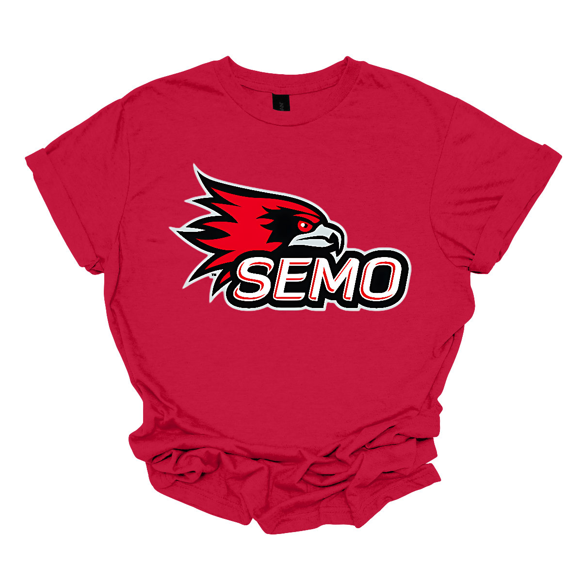 The apparel design for SEMO (Southeast Missouri State University) features the bold and iconic SEMO Redhawk logo prominently displayed across the chest or front. The Redhawk logo typically showcases a fierce red hawk in mid-flight or in a dynamic, stylized form, using shades of red, black, and white. Below this powerful symbol, the word "SEMO" is written in the university's signature font, often in all capital letters. Shop at Gorgeousware.com