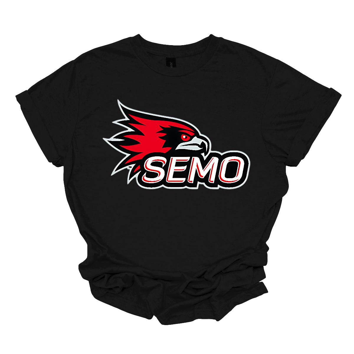 The apparel design for SEMO (Southeast Missouri State University) features the bold and iconic SEMO Redhawk logo prominently displayed across the chest or front. The Redhawk logo typically showcases a fierce red hawk in mid-flight or in a dynamic, stylized form, using shades of red, black, and white. Below this powerful symbol, the word "SEMO" is written in the university's signature font, often in all capital letters. Shop at Gorgeousware.com