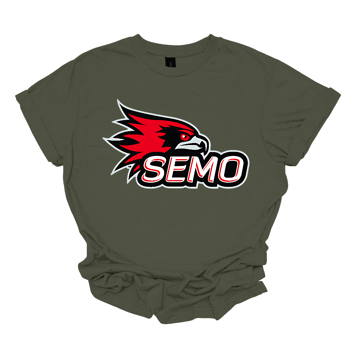 The apparel design for SEMO (Southeast Missouri State University) features the bold and iconic SEMO Redhawk logo prominently displayed across the chest or front. The Redhawk logo typically showcases a fierce red hawk in mid-flight or in a dynamic, stylized form, using shades of red, black, and white. Below this powerful symbol, the word "SEMO" is written in the university's signature font, often in all capital letters. Shop at Gorgeousware.com