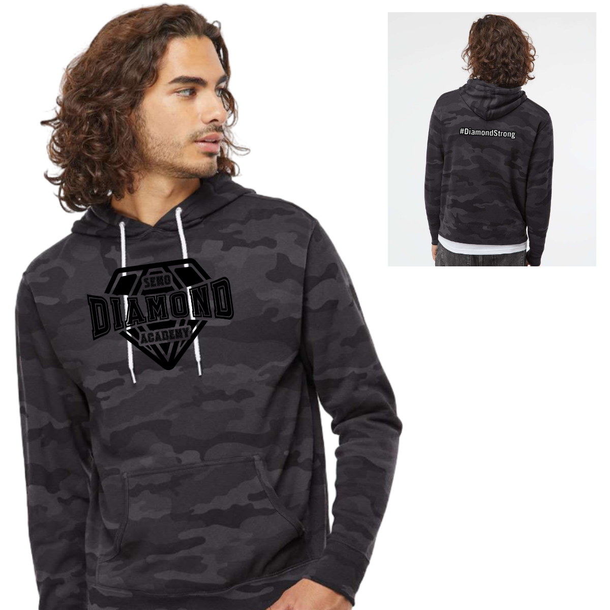 Man wearing a black camouflage hoodie with a logo, shown from front and back views.