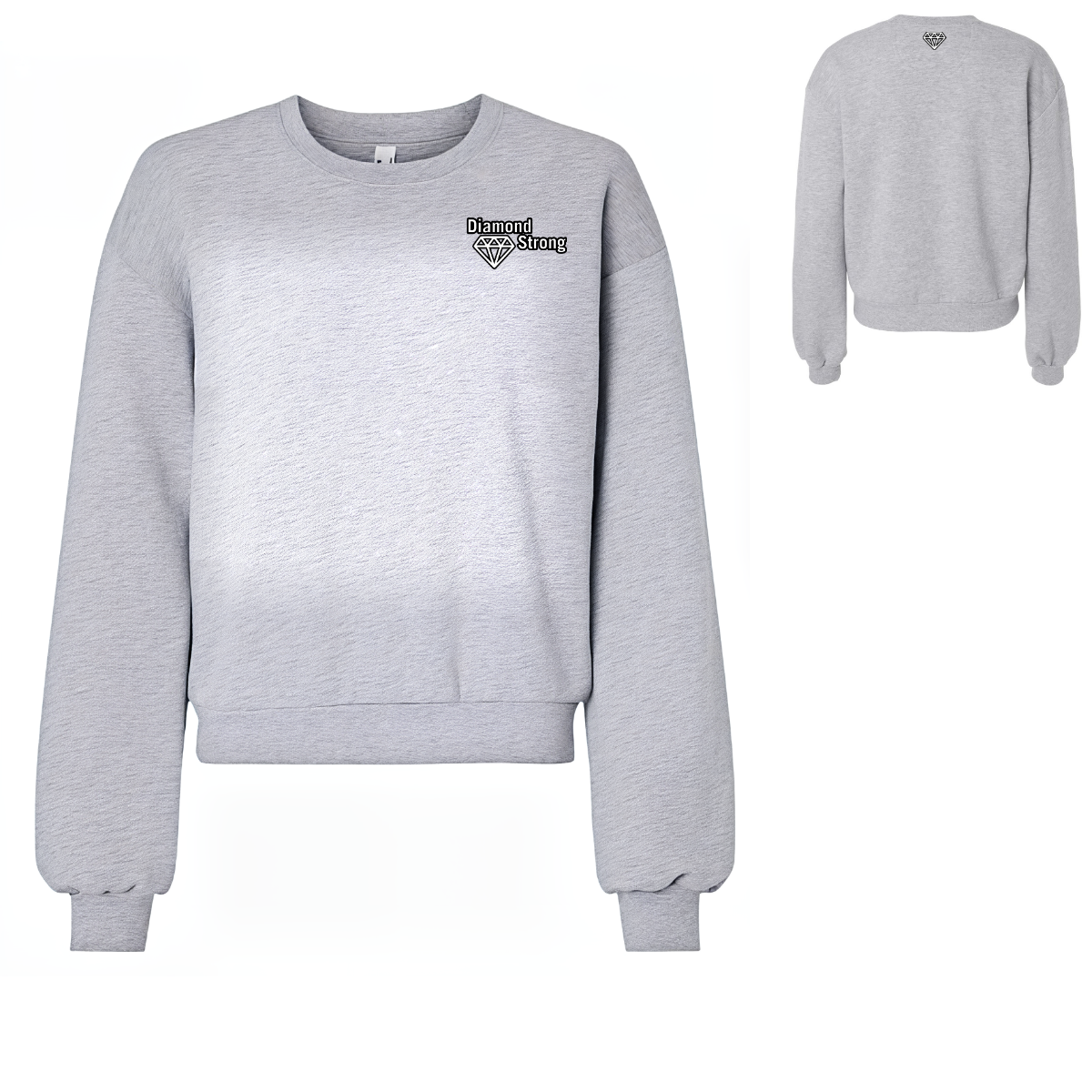 Gray sweatshirt with a logo on the chest against a white background
