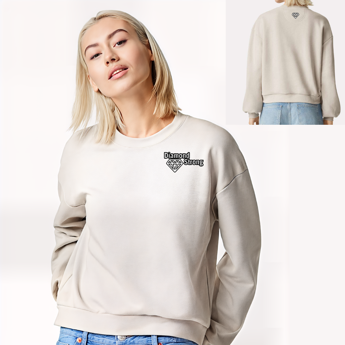 Woman wearing a beige sweatshirt with a logo, front and back views included.