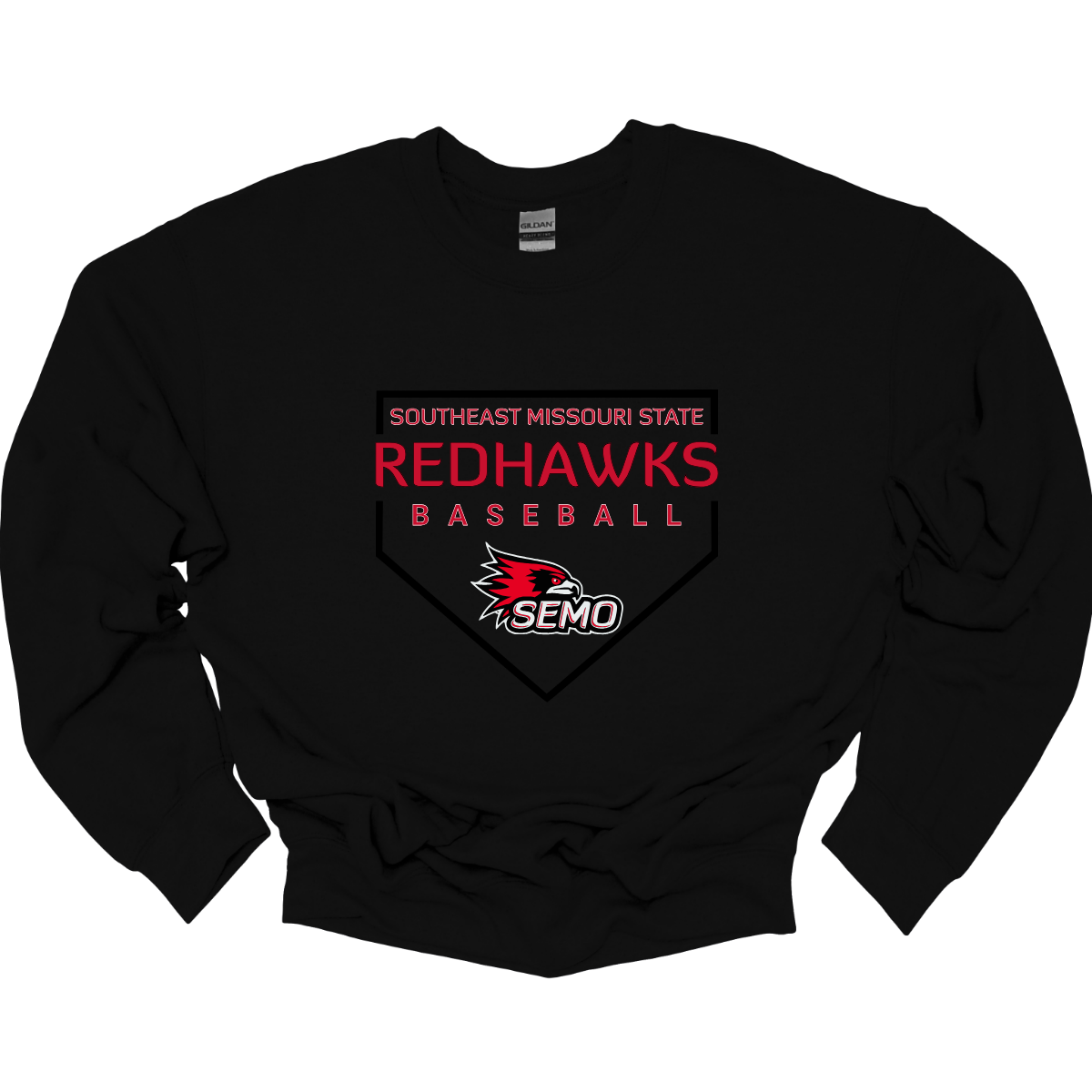 Black sweatshirt with Southeast Missouri State Redhawks Baseball design on a white background