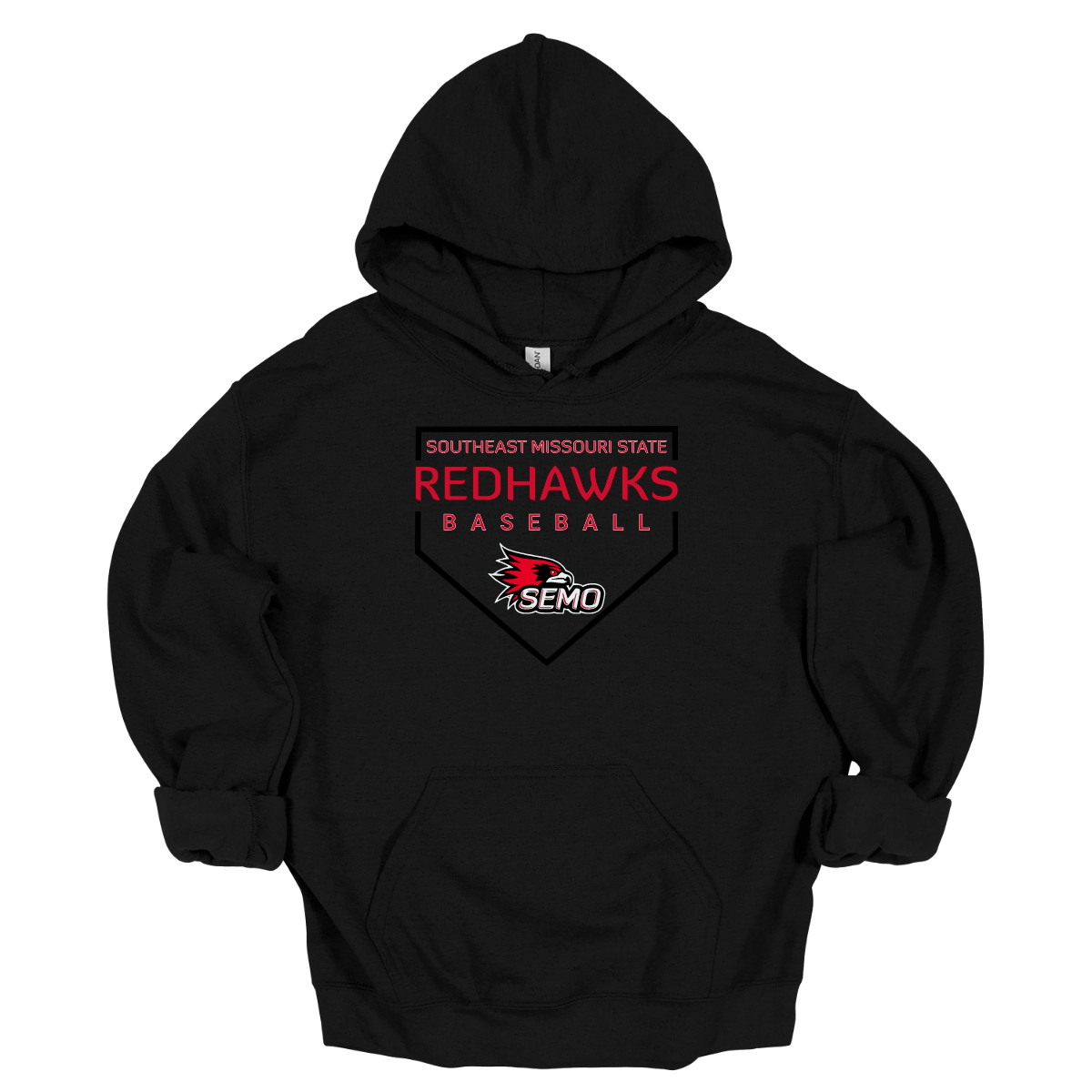 Black hoodie with white text and graphics on a wooden surface