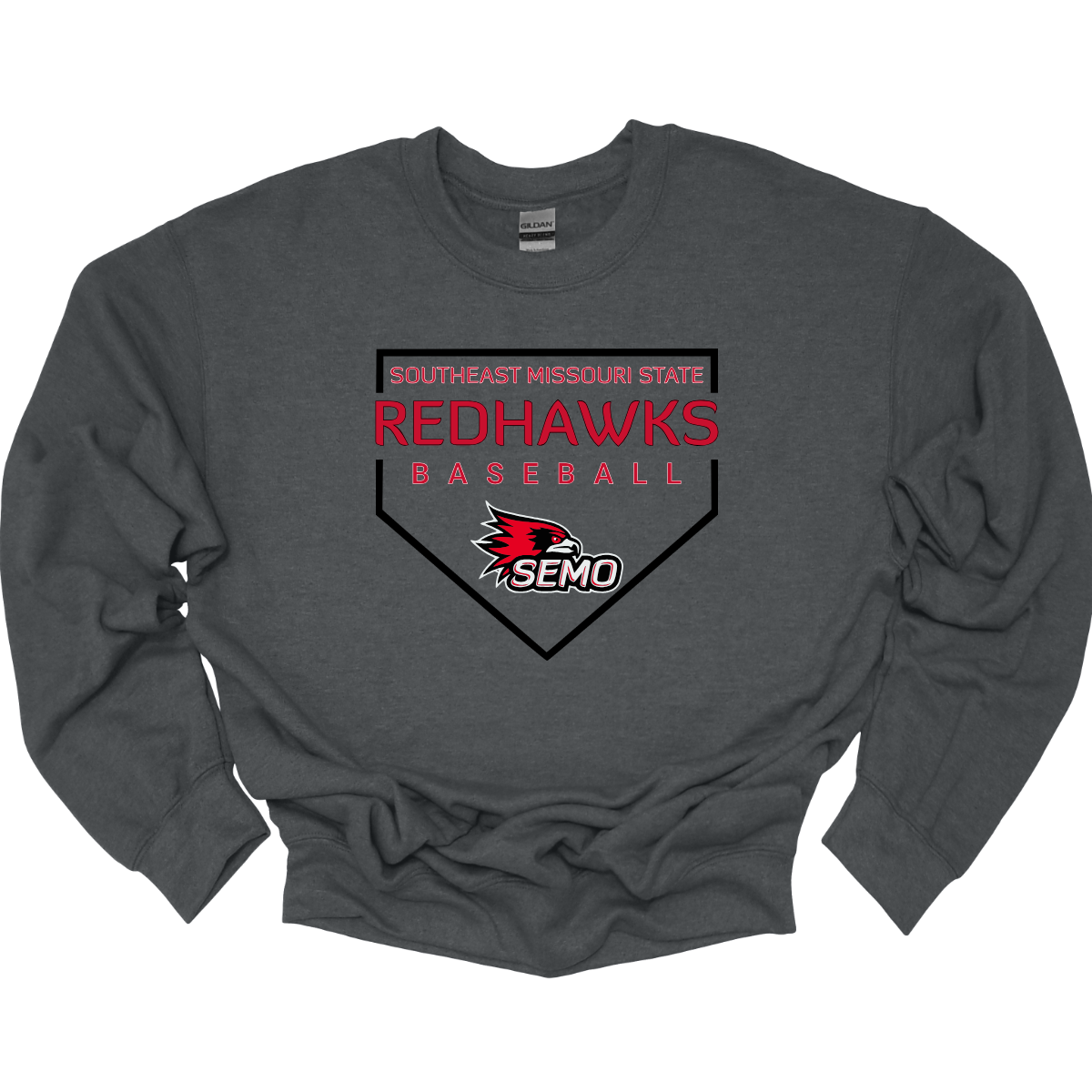 Dark gray sweatshirt with Southeast Missouri State Redhawks baseball design on a white background