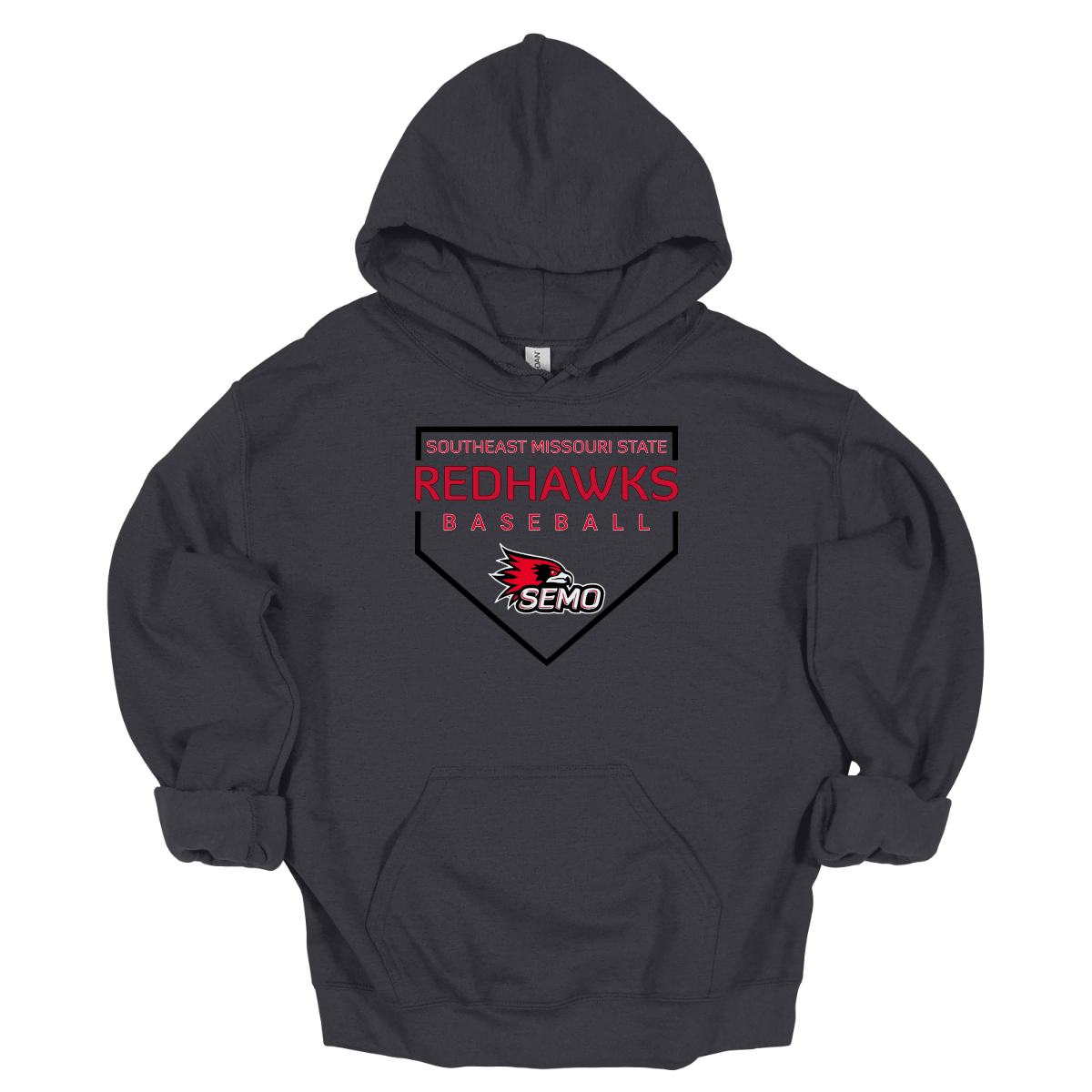 Black hoodie with white text and graphics on a wooden surface