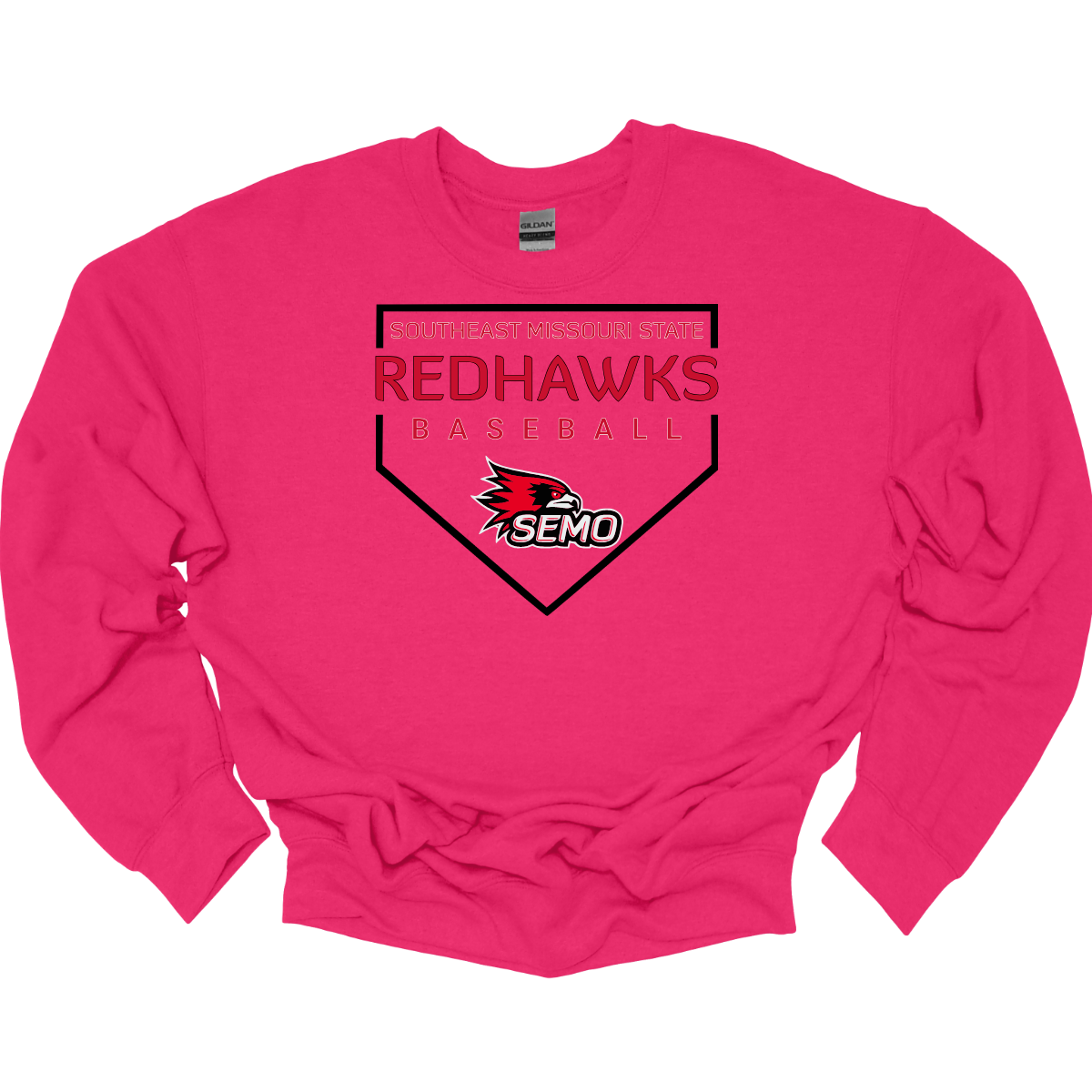 Pink crewneck with 'Redhawks Baseball' and SEMO logo on a white background