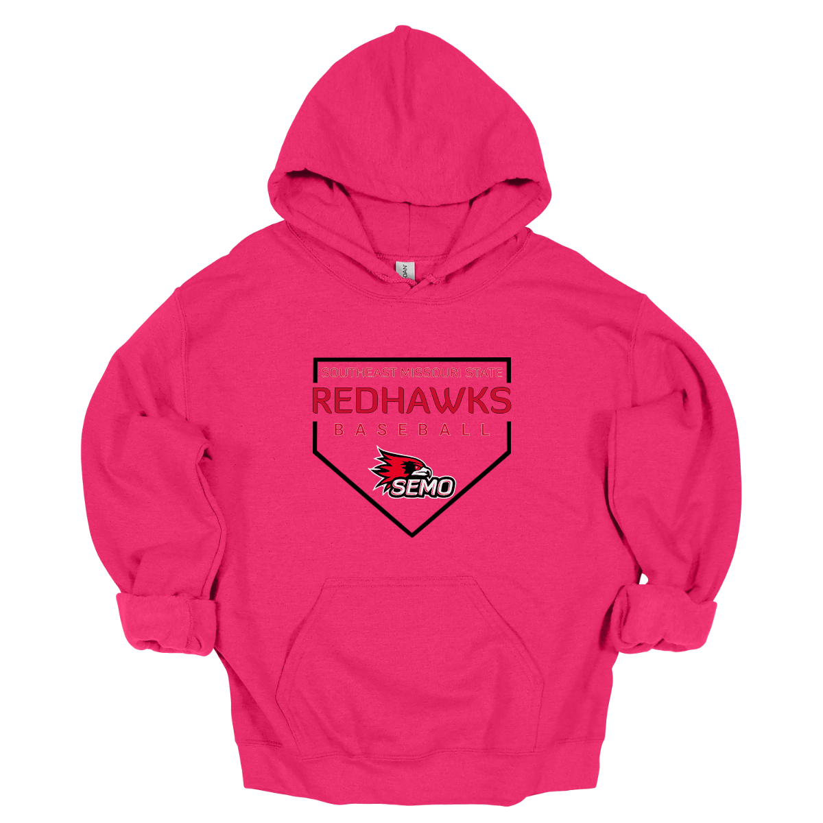 Pink hoodie with 'Redhawks' and a logo on a white background
