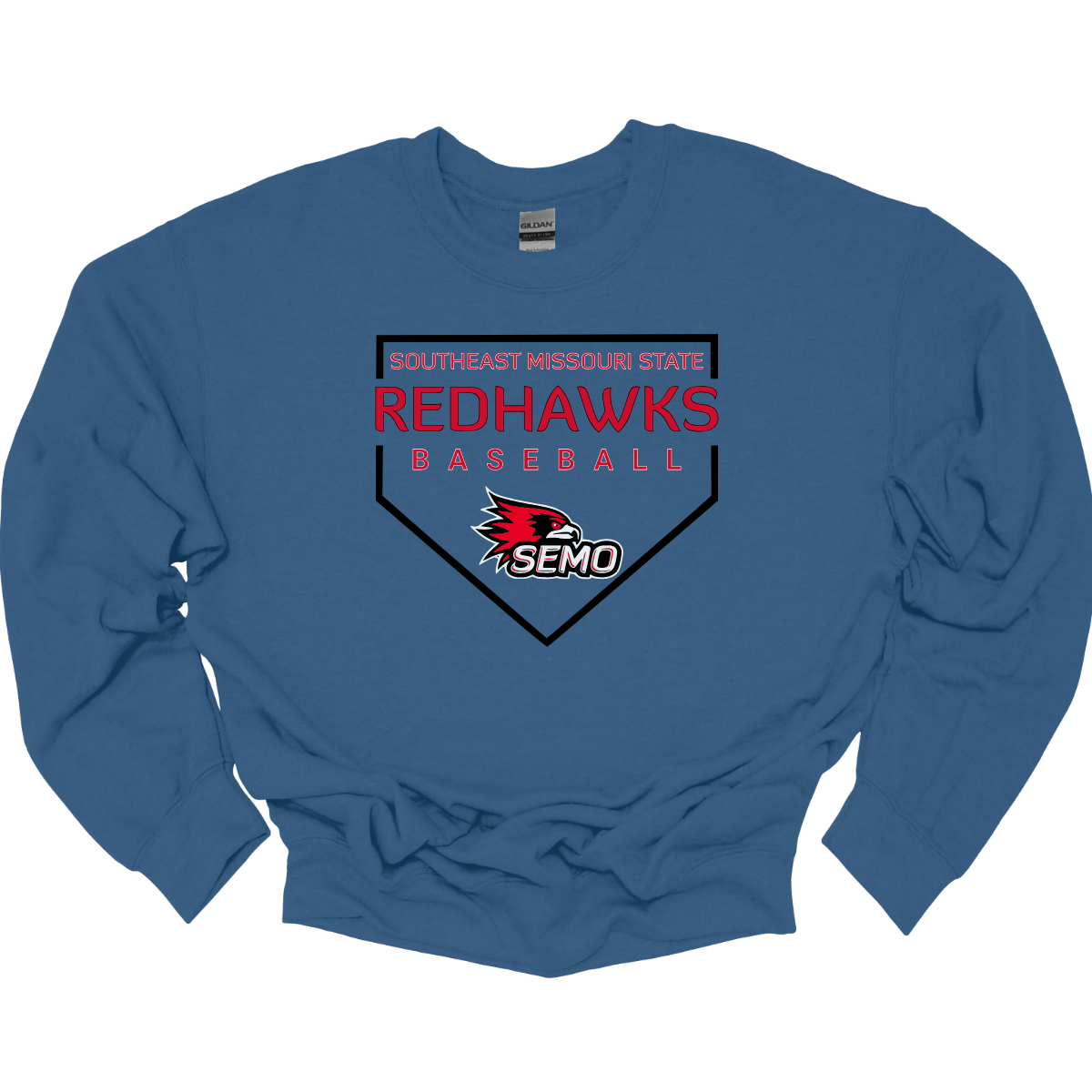 Blue sweatshirt with Redhawks baseball design on a white background