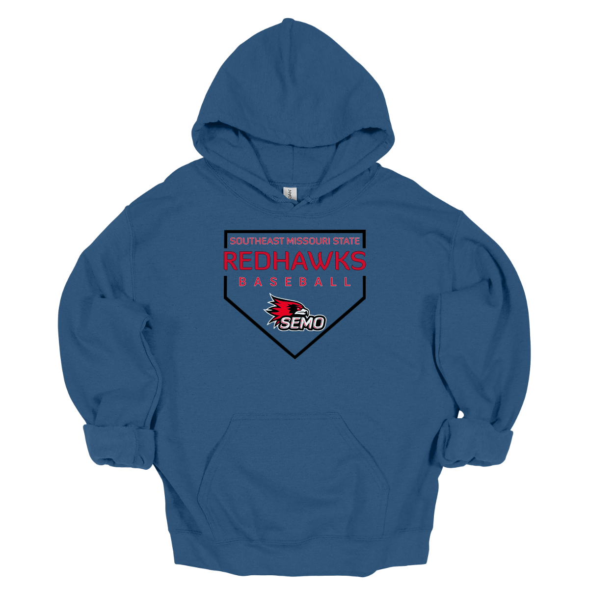 Blue hoodie with Redhawks baseball design on a white background