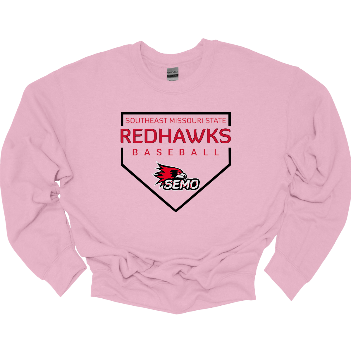 Pink crewneck with Southeast Missouri State Redhawks baseball logo on a white background