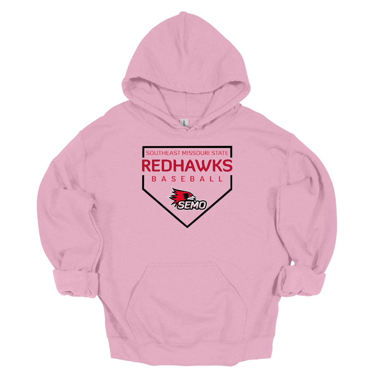 Pink hoodie with Redhawks baseball design on a white background