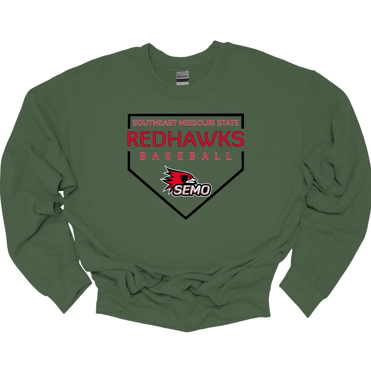 Green sweatshirt with Redhawks baseball design on a white background