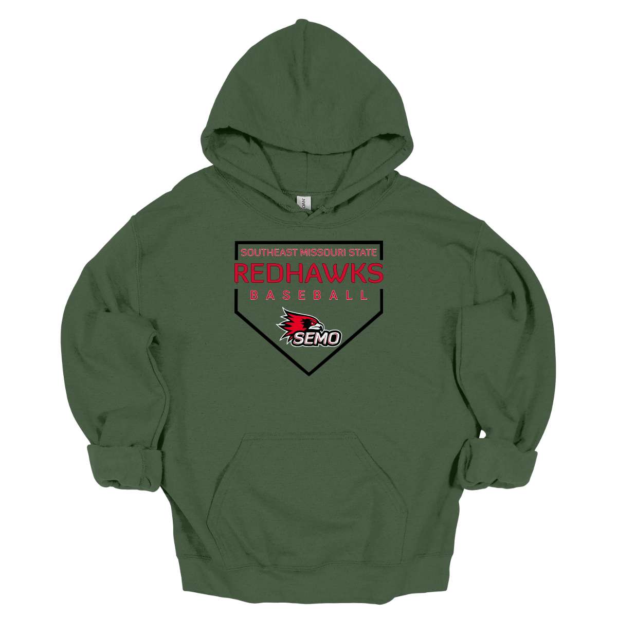 Green hoodie with white text and graphics on a wooden surface