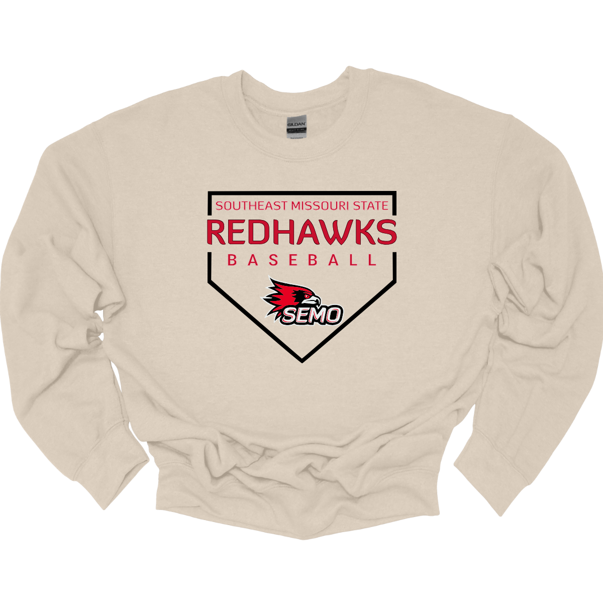 Beige sweatshirt with Southeast Missouri State Redhawks baseball design on a white background