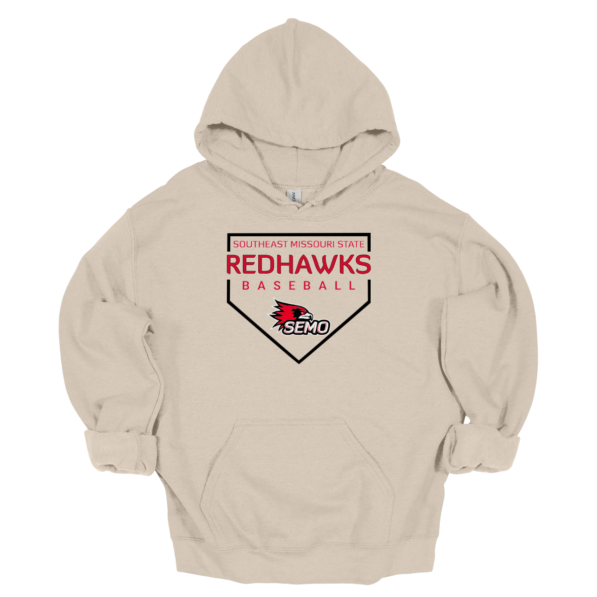 Beige hoodie with Redhawks baseball design on a white background
